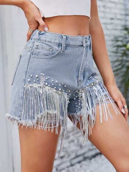 Distressed Pearl Trim Denim Shorts with Pockets - Trendsi - Flyclothing LLC