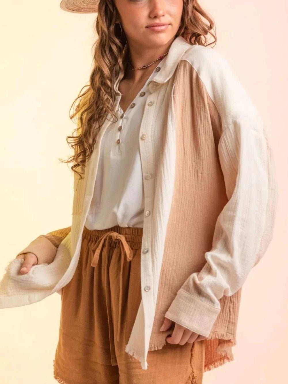 Contrast Button Up Long Sleeve Shirt - Trendsi - Flyclothing LLC