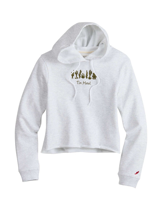 Tin Haul Womens Tin Haul Pullover Hoodie Cactus Line Embroidery Athletic Grey Cropped - TIN HAUL - Flyclothing LLC