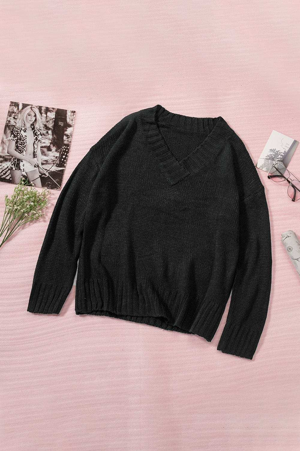 V-Neck Dropped Shoulder Sweater - Trendsi - Flyclothing LLC
