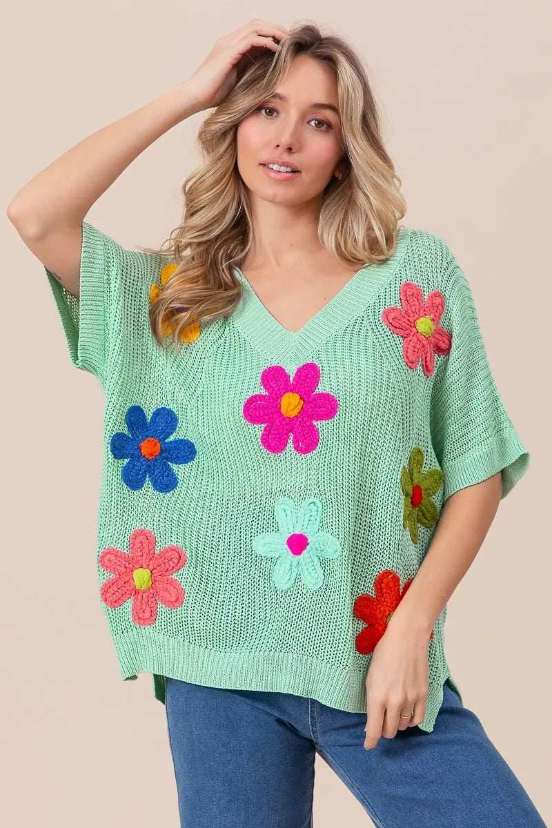 BiBi Flower Patches Dolman Sleeve Lightweight Sweater - Trendsi - Flyclothing LLC