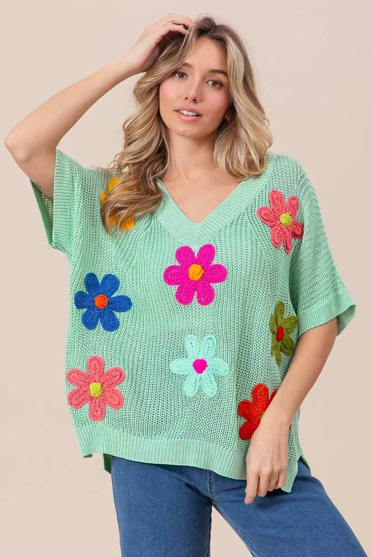 BiBi Flower Patches Dolman Sleeve Lightweight Sweater - Trendsi - Flyclothing LLC