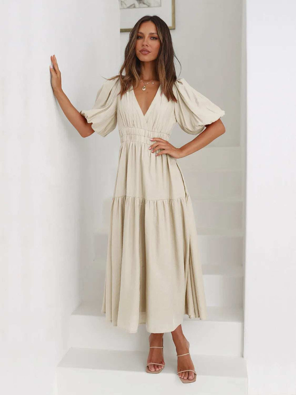 Tiered Surplice Half Sleeve Midi Dress - Trendsi - Flyclothing LLC