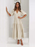 Tiered Surplice Half Sleeve Midi Dress - Trendsi - Flyclothing LLC