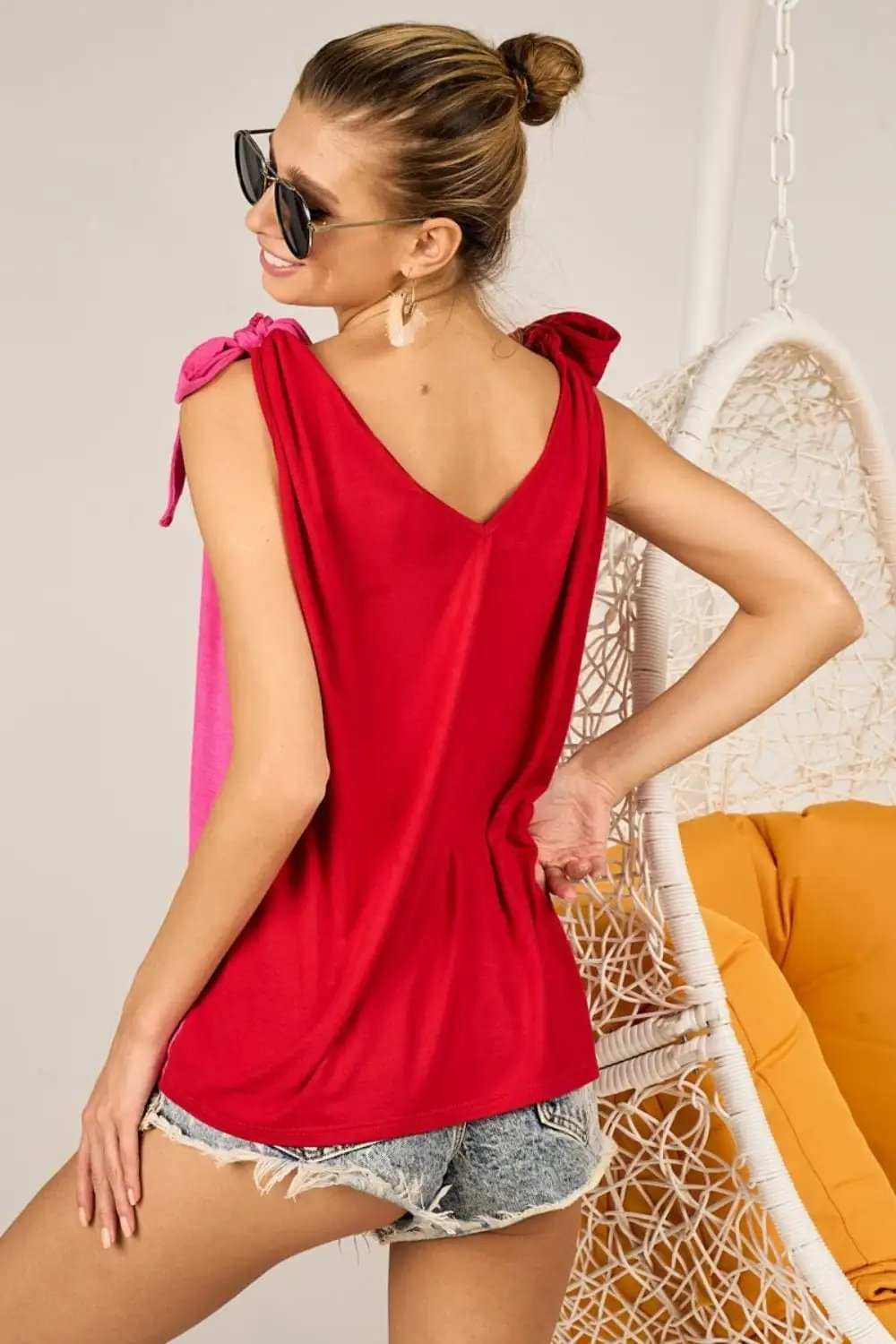 BiBi Shoulder Ribbon Tied Contrast Tank - Trendsi - Flyclothing LLC
