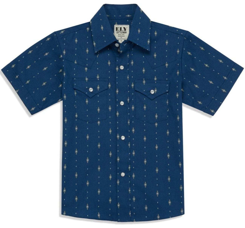 Boy's Ely Cattleman Short Sleeve Diamond Aztec Print Snap Shirt- Navy & White - Ely Cattleman - Flyclothing LLC