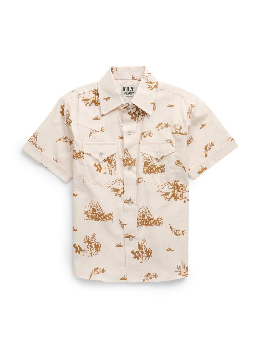 Boy's Ely Cattleman Short Sleeve Cowboy Print Snap Shirt - Ely Cattleman - Flyclothing LLC