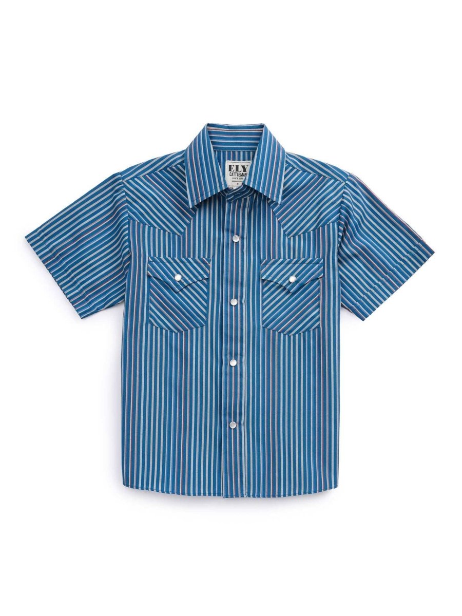 Boy's Ely Cattleman Short Sleeve Stripe Western Snap Shirt - Navy - Ely Cattleman - Flyclothing LLC