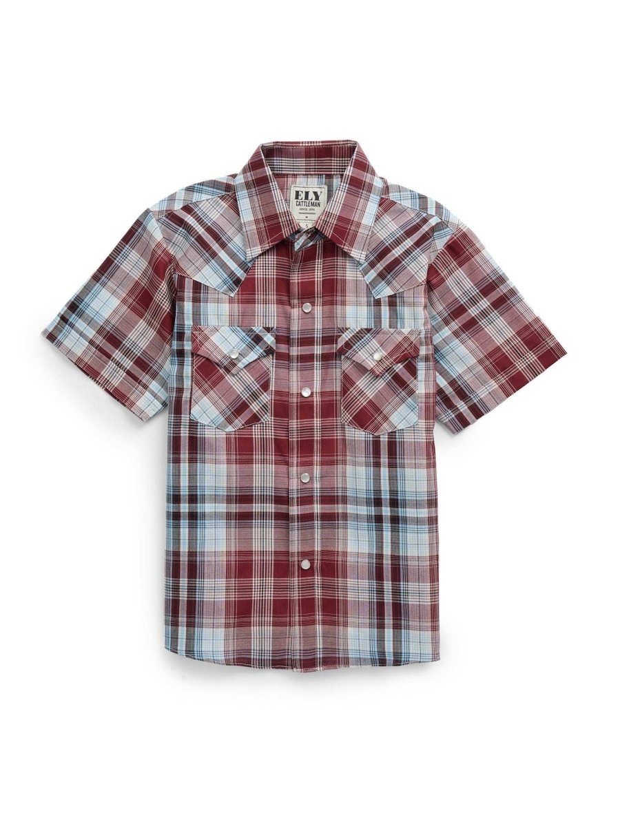 Boy's Ely Cattleman Short Sleeve Burgundy Plaid Western Snap Shirt - Ely Cattleman - Flyclothing LLC