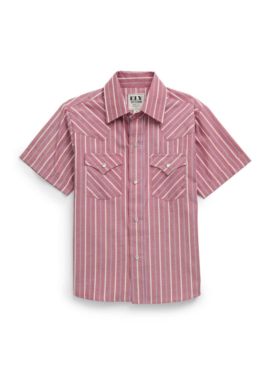 Boy's Ely Cattleman Short Sleeve Red Stripe Western Snap Shirt - Ely Cattleman - Flyclothing LLC