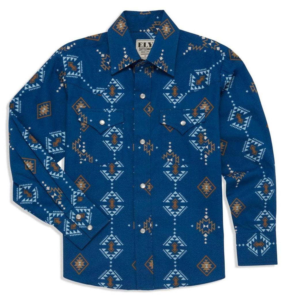 Boy's Ely Cattleman Long Sleeve Textured Southwestern Print Snap Shirt- Indigo & White - Ely Cattleman - Flyclothing LLC