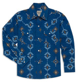 Boy's Ely Cattleman Long Sleeve Textured Southwestern Print Snap Shirt- Indigo & White - Ely Cattleman - Flyclothing LLC