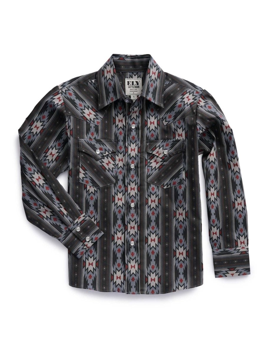 Boy's Ely Cattleman Long Sleeve Aztec Print Western Snap Shirt- Blue & Black - Ely Cattleman - Flyclothing LLC