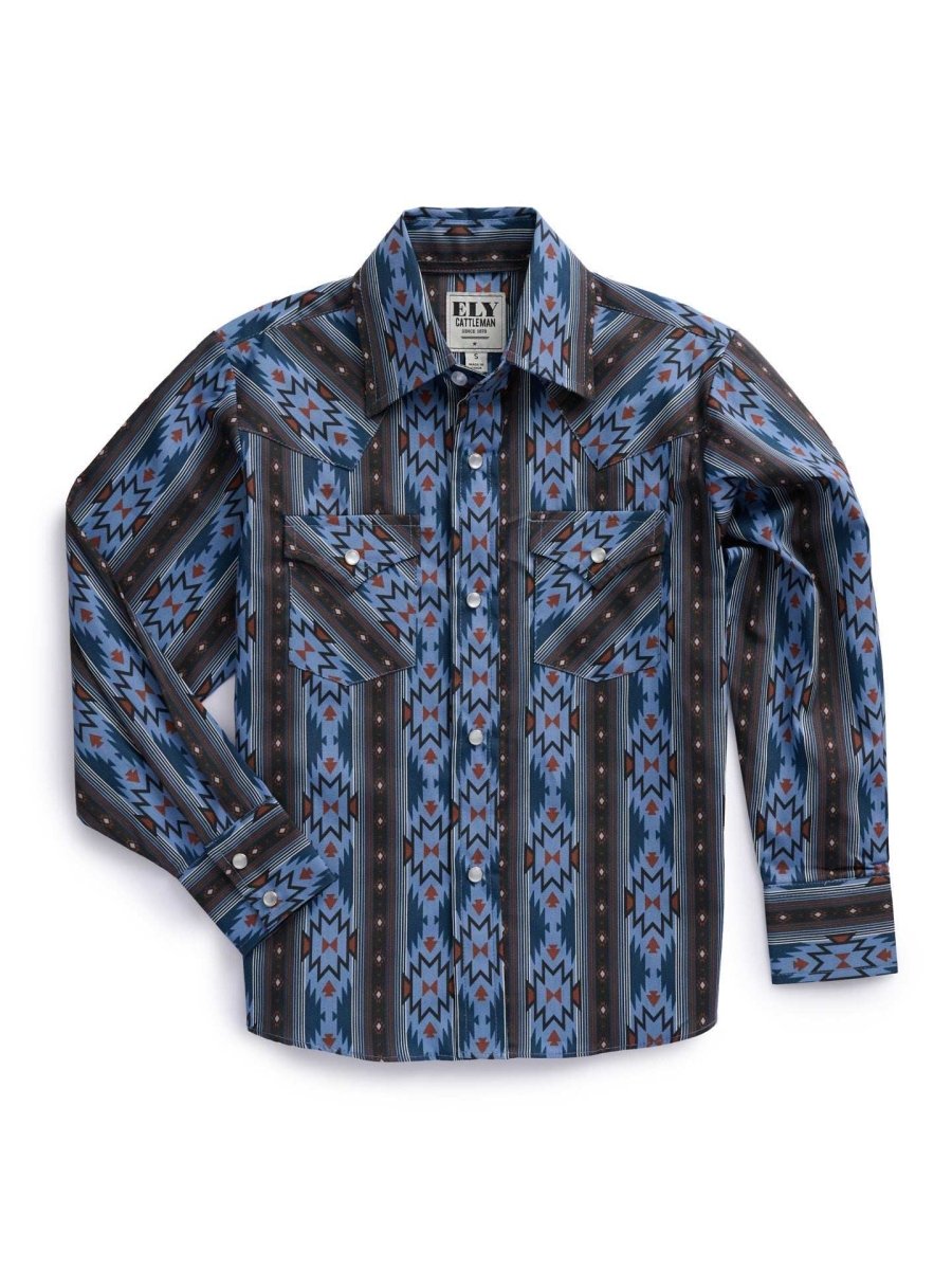 Boy's Ely Cattleman Long Sleeve Aztec Print Western Snap Shirt- Blue & Black - Ely Cattleman - Flyclothing LLC