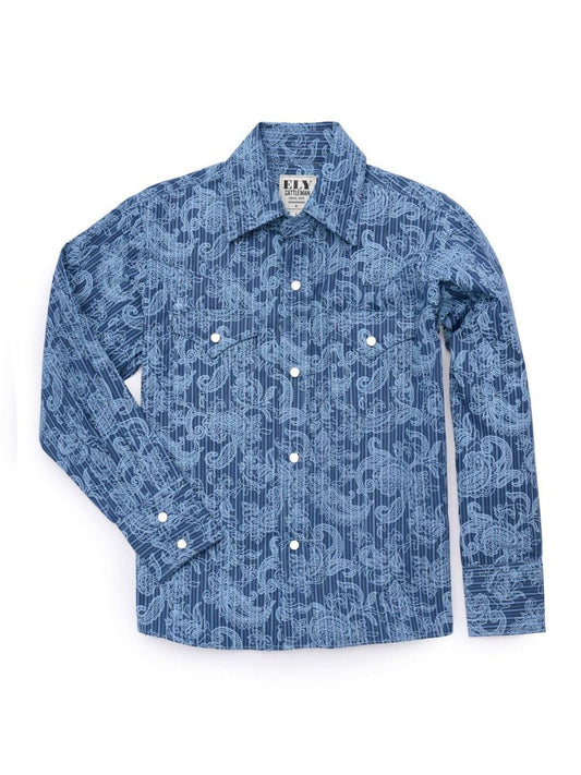 Boy's Ely Cattleman Long Sleeve Paisley Print Snap Shirt- Denim Blue & Burgundy - Ely Cattleman - Flyclothing LLC