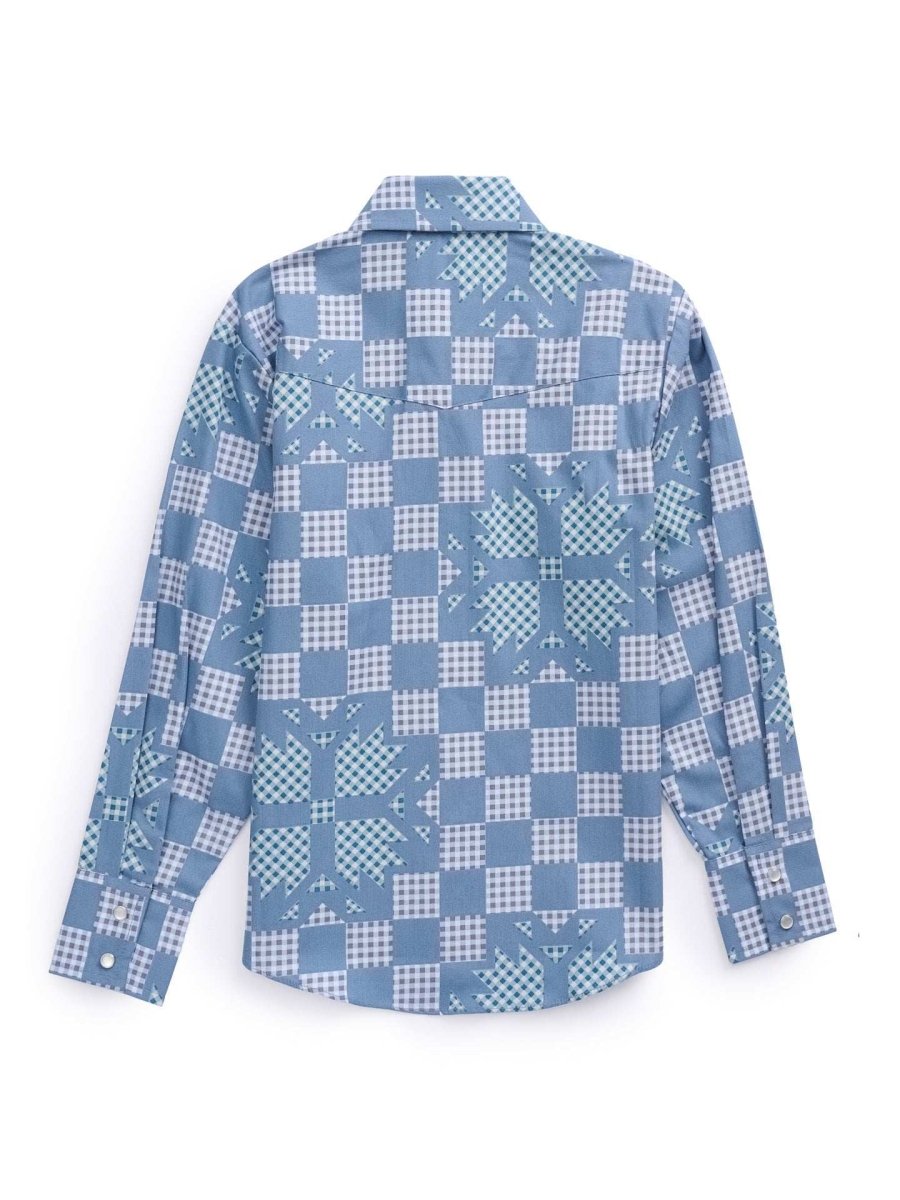 Boy's Ely Cattleman Long Sleeve Checkered Patchwork Print Snap Shirt- Denim Blue - Ely Cattleman - Flyclothing LLC