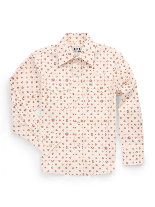 Boy's Ely Cattleman Long Sleeve Retro Star Print Snap Shirt- Ecru - Ely Cattleman - Flyclothing LLC