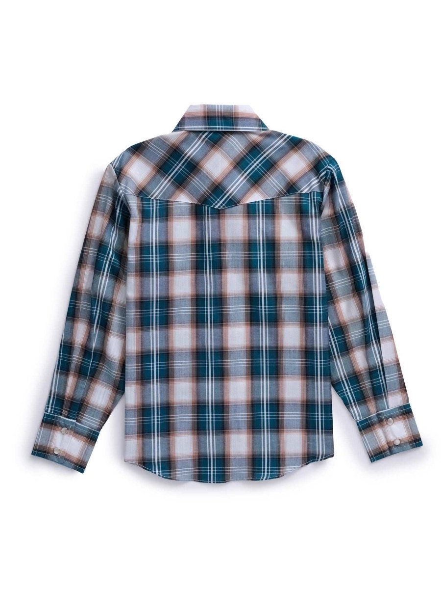 Boy's Ely Cattleman Long Sleeve Textured Plaid Western Snap Shirt- Teal & Khaki - Ely Cattleman - Flyclothing LLC