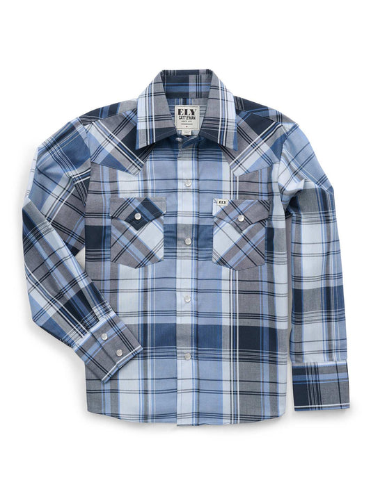 Boy's Ely Cattleman Long Sleeve Textured Plaid Western Snap Shirt- Blue - Ely Cattleman - Flyclothing LLC