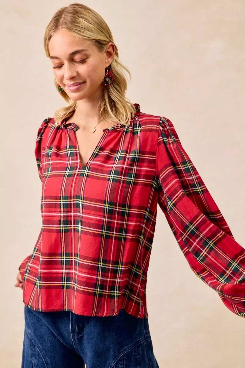 BiBi Christmas Plaid Balloon Sleeves Ruffled V-Neck Top - Trendsi - Flyclothing LLC