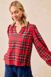 BiBi Christmas Plaid Balloon Sleeves Ruffled V-Neck Top - Trendsi - Flyclothing LLC