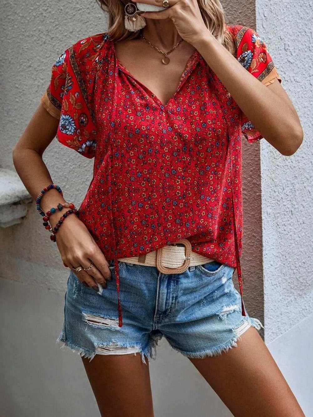 Printed Tie Neck Short Sleeve Blouse - Trendsi - Flyclothing LLC