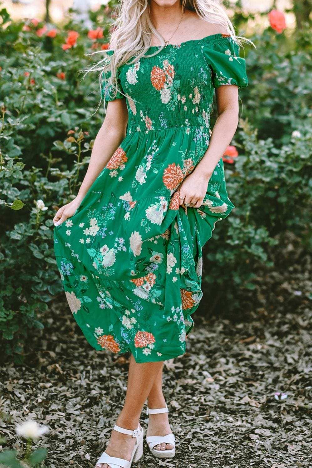 Floral Print Bubble Sleeve Smocked Tiered Midi Dress - Trendsi - Flyclothing LLC