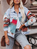 Geometric Button Up Long Sleeve Denim Jacket - Trendsi - Flyclothing LLC