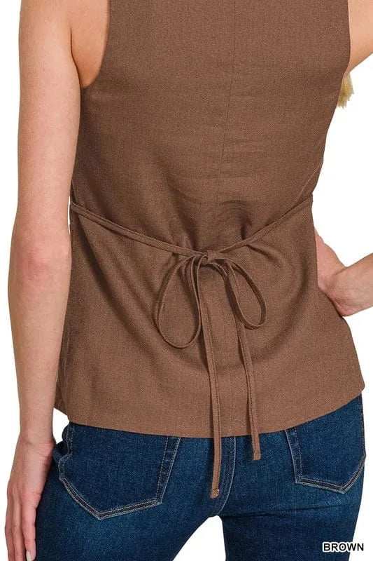 Zenana Linen Tie-back 4-button Vest with Lining - Trendsi - Flyclothing LLC
