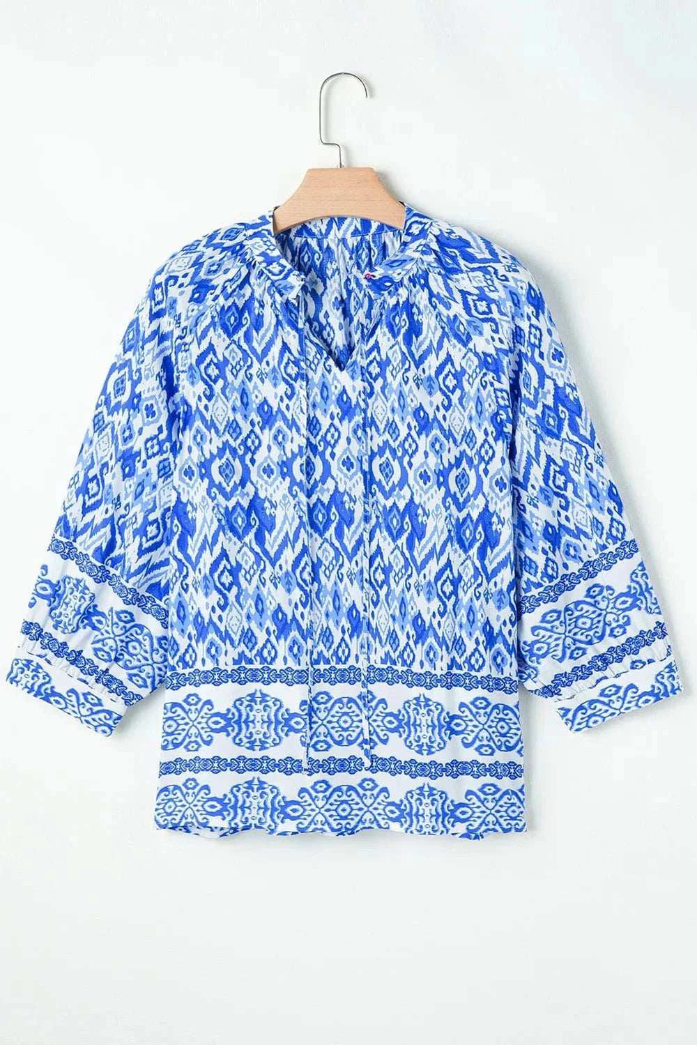 Printed Tie Neck Three-Quarter Sleeve Blouse - Trendsi - Flyclothing LLC