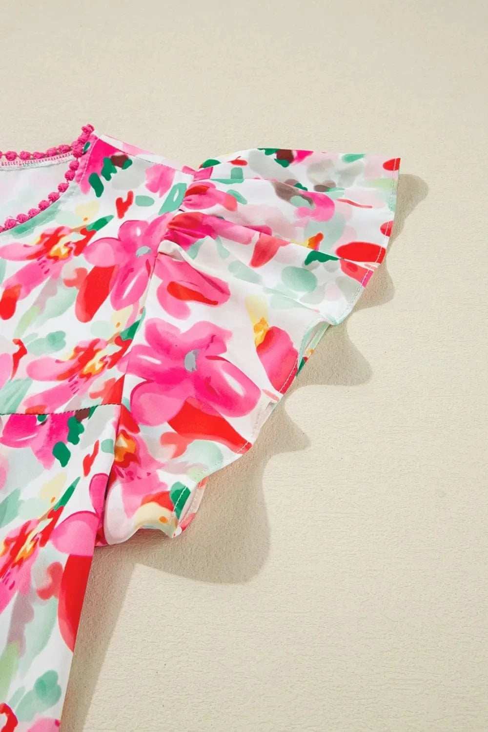 Floral Print Ruffle Sleeve Round Neck Blouse - Trendsi - Flyclothing LLC