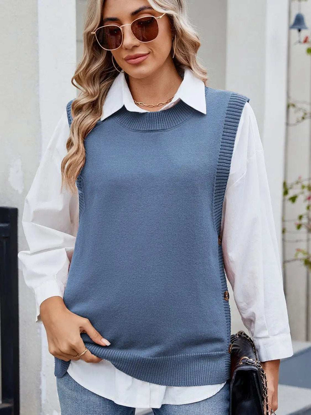 Buttoned Round Neck Sweater Vest - Trendsi - Flyclothing LLC