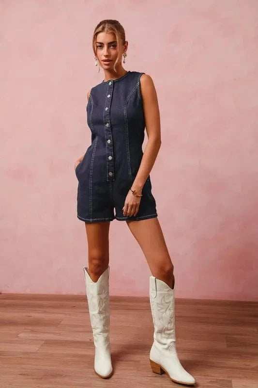 SO ME Button Up Front Washed Denim Sleeveless Romper - Trendsi - Flyclothing LLC