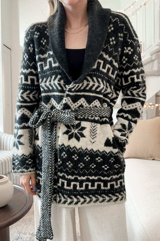 Snowflakes Collared Neck Long Sleeve Cardigan - Trendsi - Flyclothing LLC