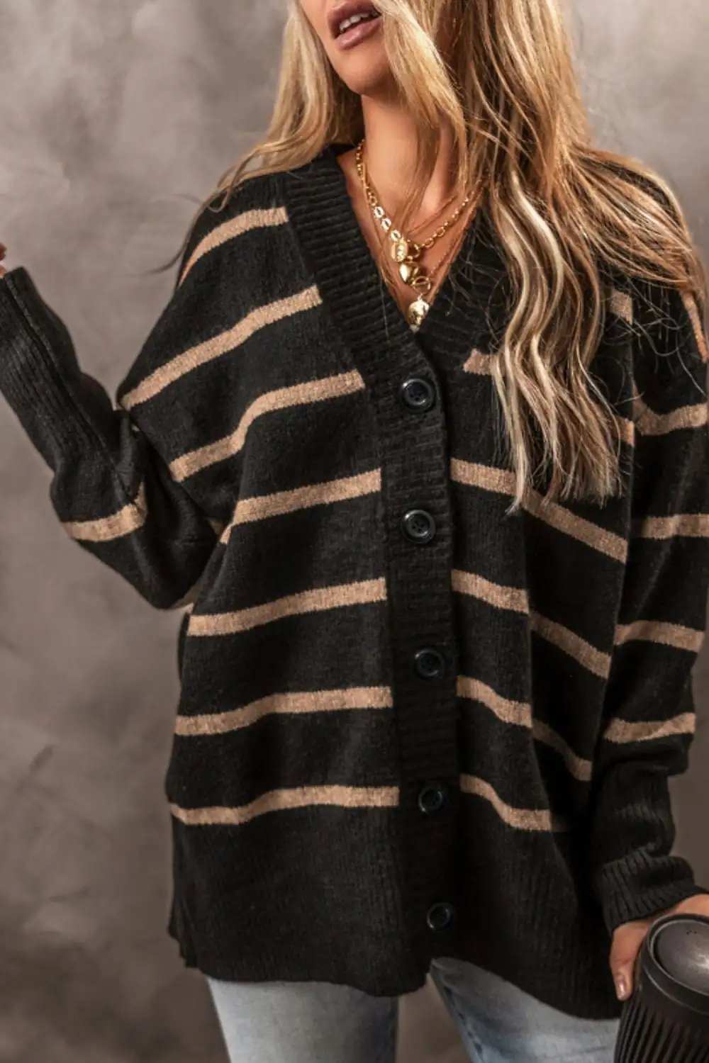 Striped Button Down Long Sleeve Cardigan - Trendsi - Flyclothing LLC