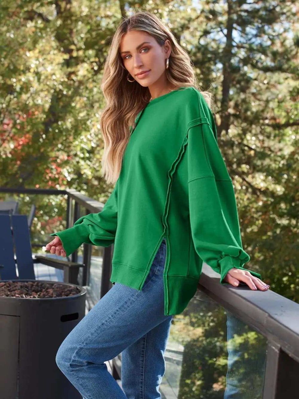 Slit Round Neck Long Sleeve Sweatshirt - Trendsi - Flyclothing LLC