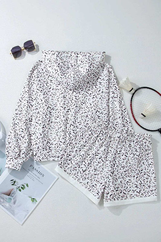 Drawstring Leopard Long Sleeve Hooded Top and Shorts Set - Trendsi - Flyclothing LLC