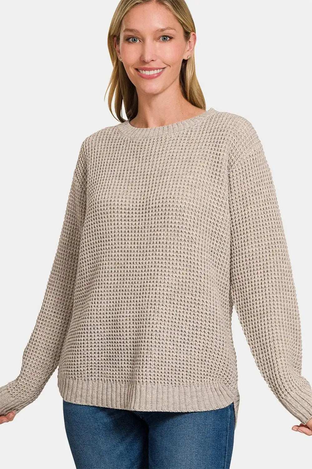 Zenana High Low Long Sleeve Waffle Sweater - Trendsi - Flyclothing LLC