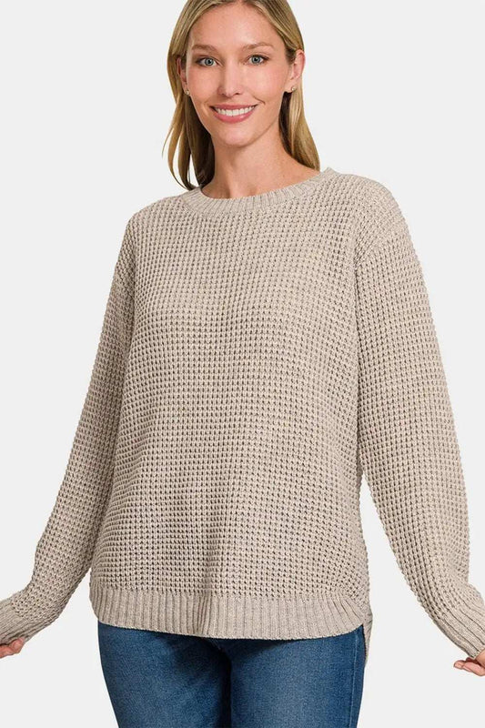 Zenana High Low Long Sleeve Waffle Sweater - Trendsi - Flyclothing LLC