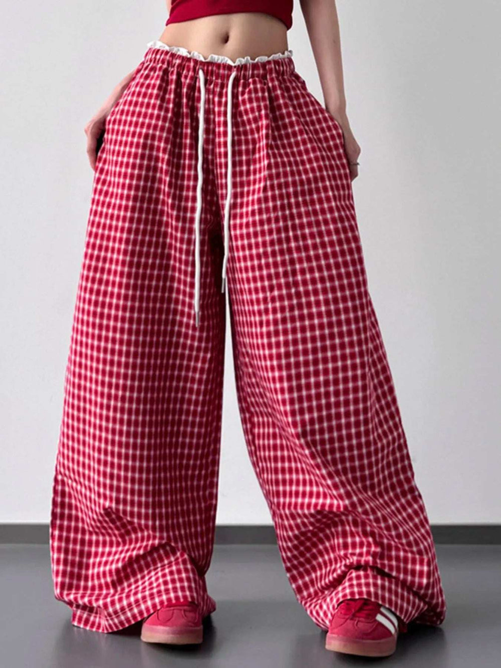 Drawstring Plaid Wide Leg Pants - Trendsi - Flyclothing LLC