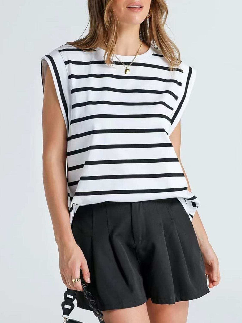 Florira Striped Round Neck Cap Sleeve T-Shirt - Trendsi - Flyclothing LLC