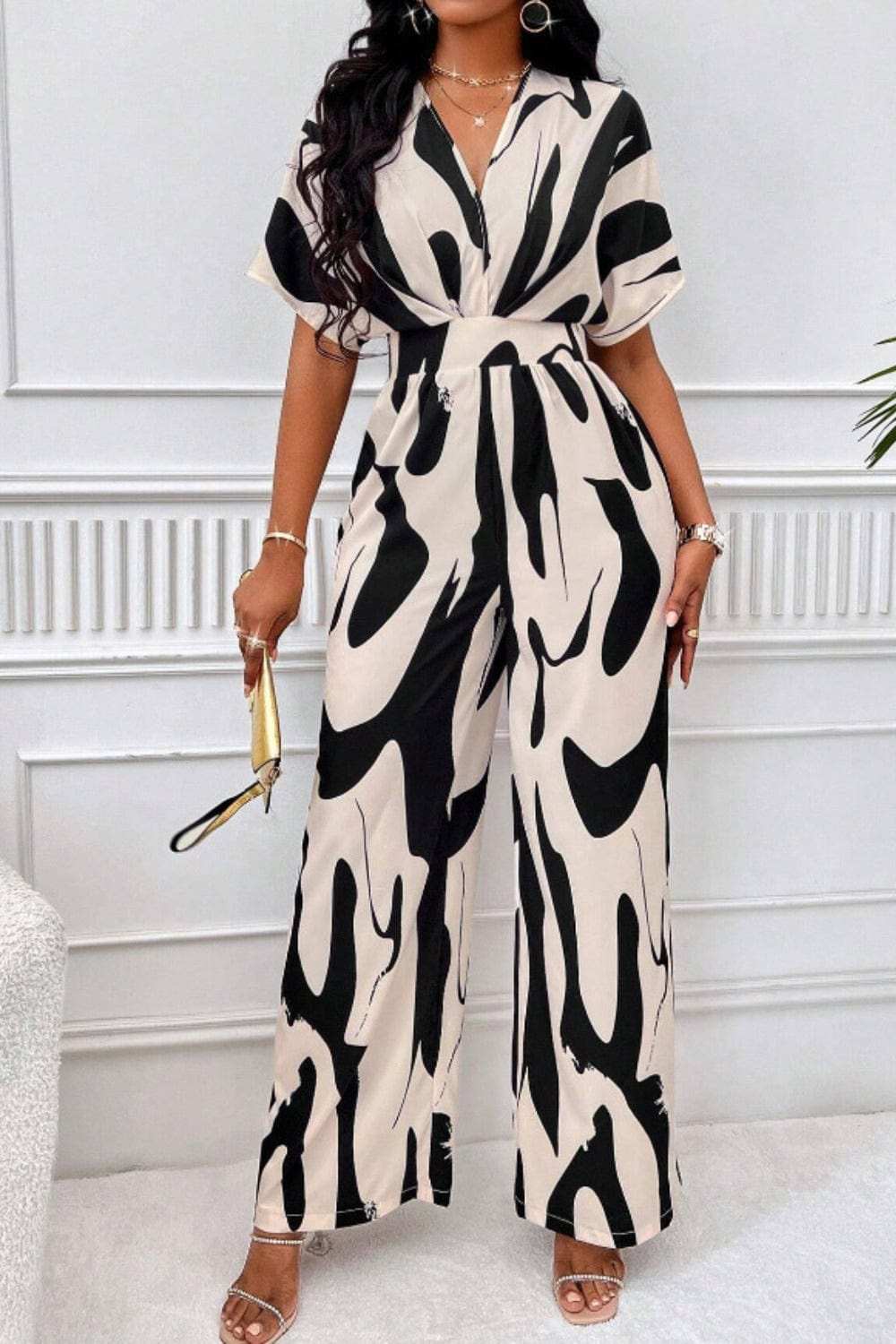 Printed V-Neck Short Sleeve Wide Leg Jumpsuit - Trendsi - Flyclothing LLC
