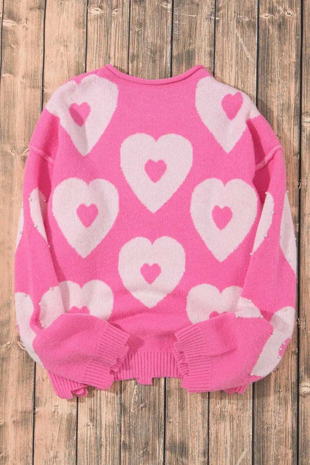 Pearl Detail Heart Round Neck Long Sleeve Sweater - Trendsi - Flyclothing LLC