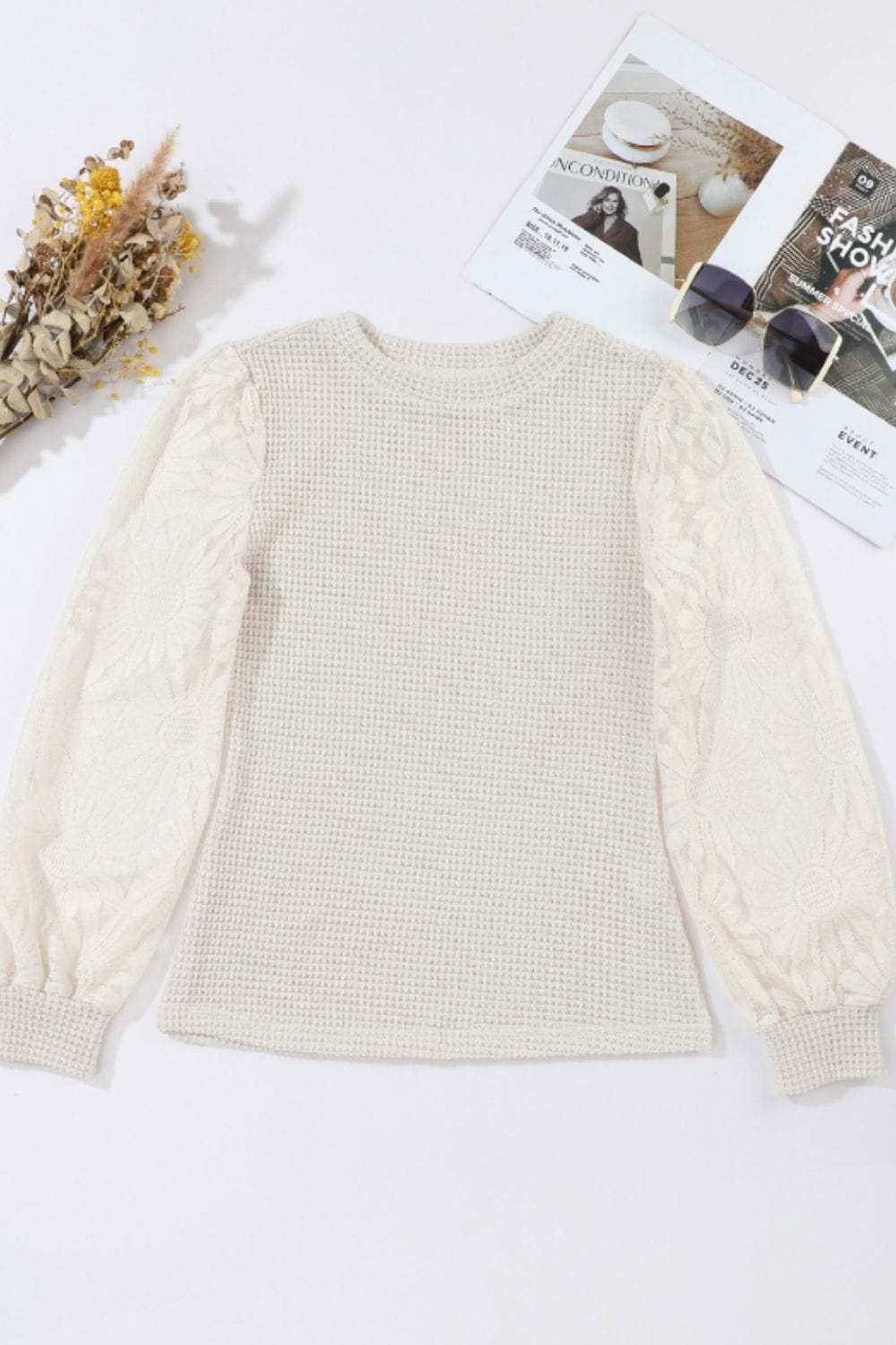 Mock Neck Lace Long Sleeve Top - Trendsi - Flyclothing LLC