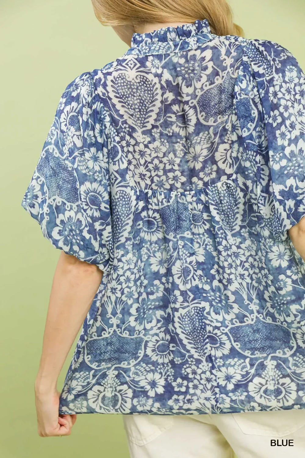 Umgee Abstract Print Ruffled Puff Sleeve Top - Trendsi - Flyclothing LLC