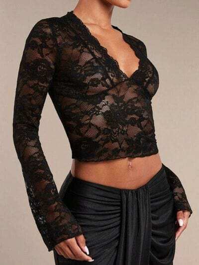 V-Neck Flare Sleeve Lace Top - Trendsi - Flyclothing LLC