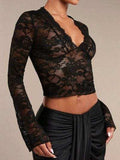 V-Neck Flare Sleeve Lace Top - Trendsi - Flyclothing LLC