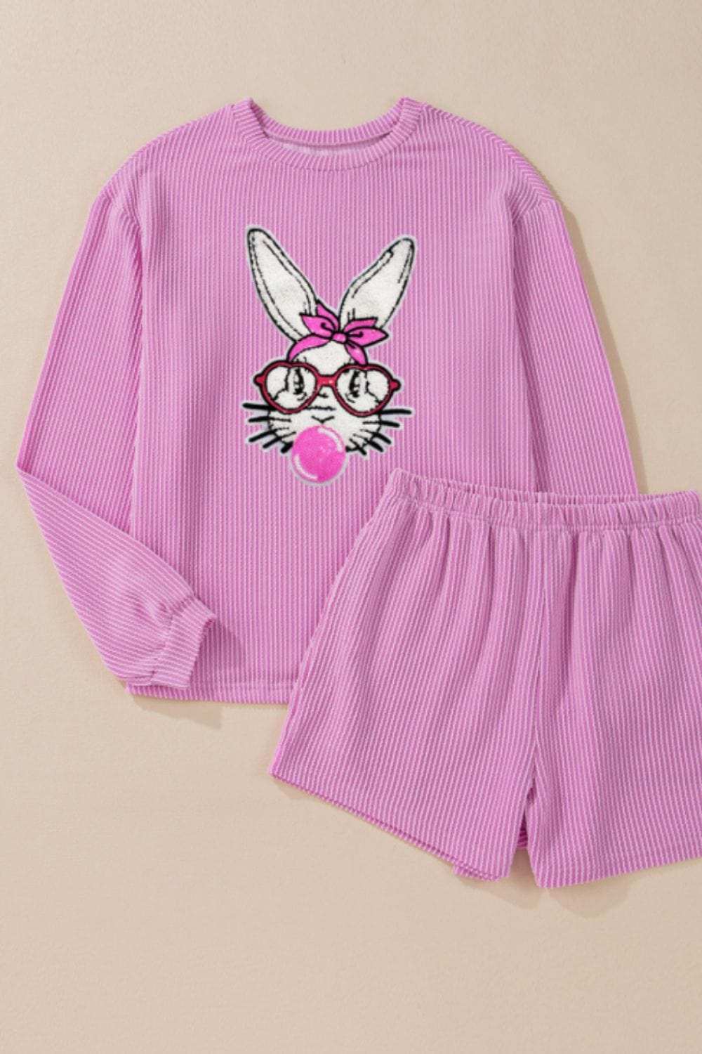 Bubble Gum Rabbit Sequin Corded Rib Top and Shorts Set - Trendsi - Flyclothing LLC