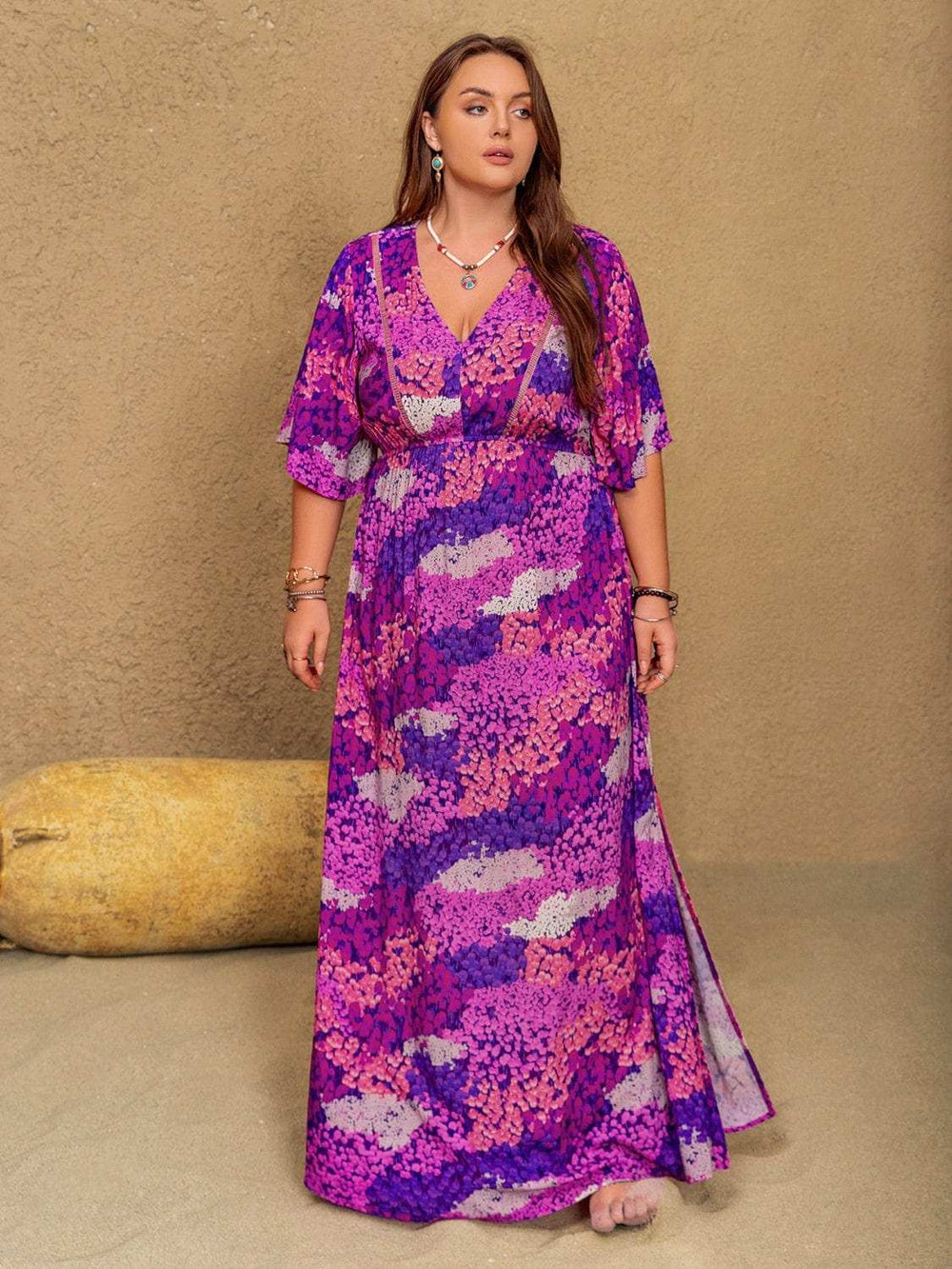 Plus Size Slit Printed Half Sleeve Maxi Dress - Trendsi - Flyclothing LLC
