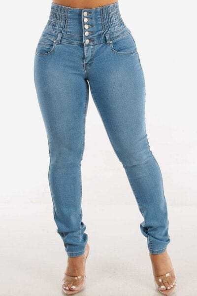 High Waist Buttoned Skinny Hip Lifting Jeans - Trendsi - Flyclothing LLC